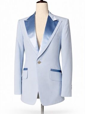 Vintage 70s baby blue tuxedo jacket- Lord West, silky lapel, trim- 37R